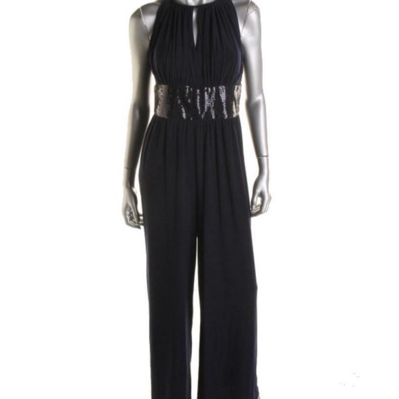 R&M Richards Women 16W Black Jumpsuit Sequin  Band at Waist - Picture 1 of 6